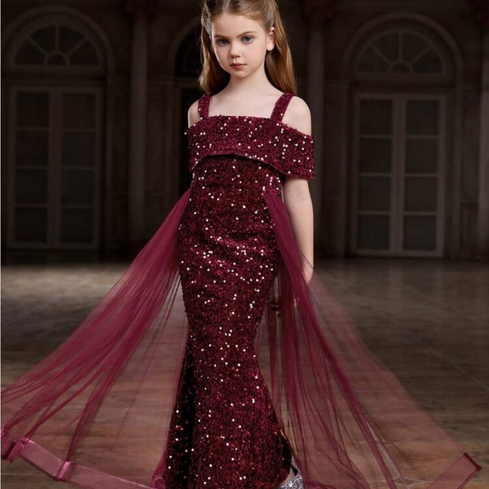 Elegant Burgundy Layered Sequin Gown w/ Sewn In Tulle Skirt for Tween Girls